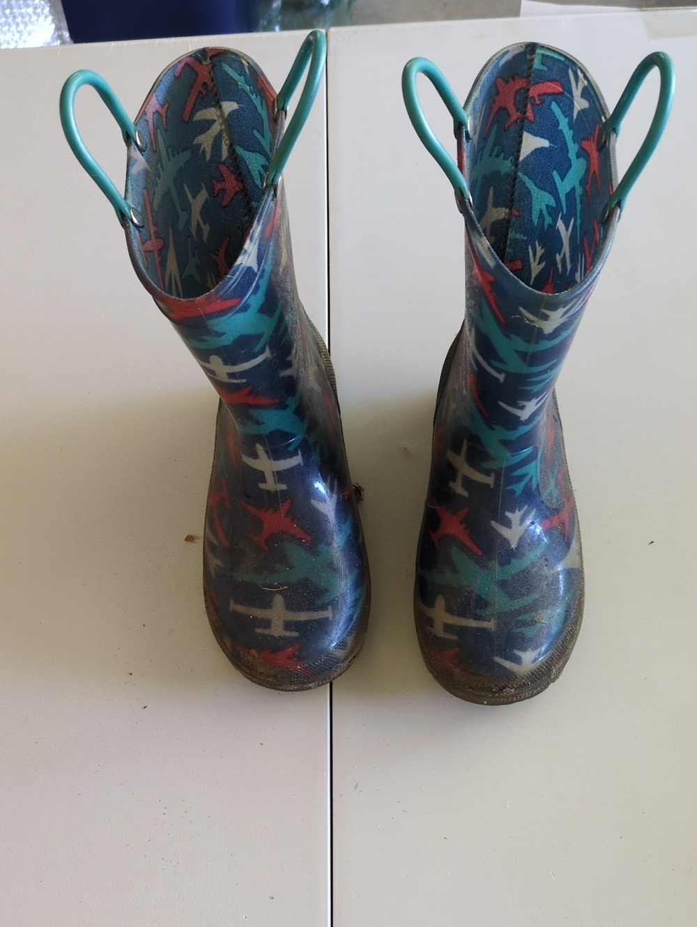 Kids Airplane Pattern Rain Boots - Teal Handles